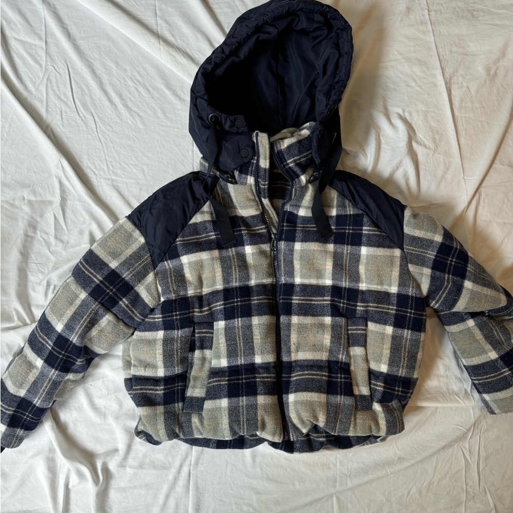 Zara Navy & Cream Plaid Puffer Jacket with Hood